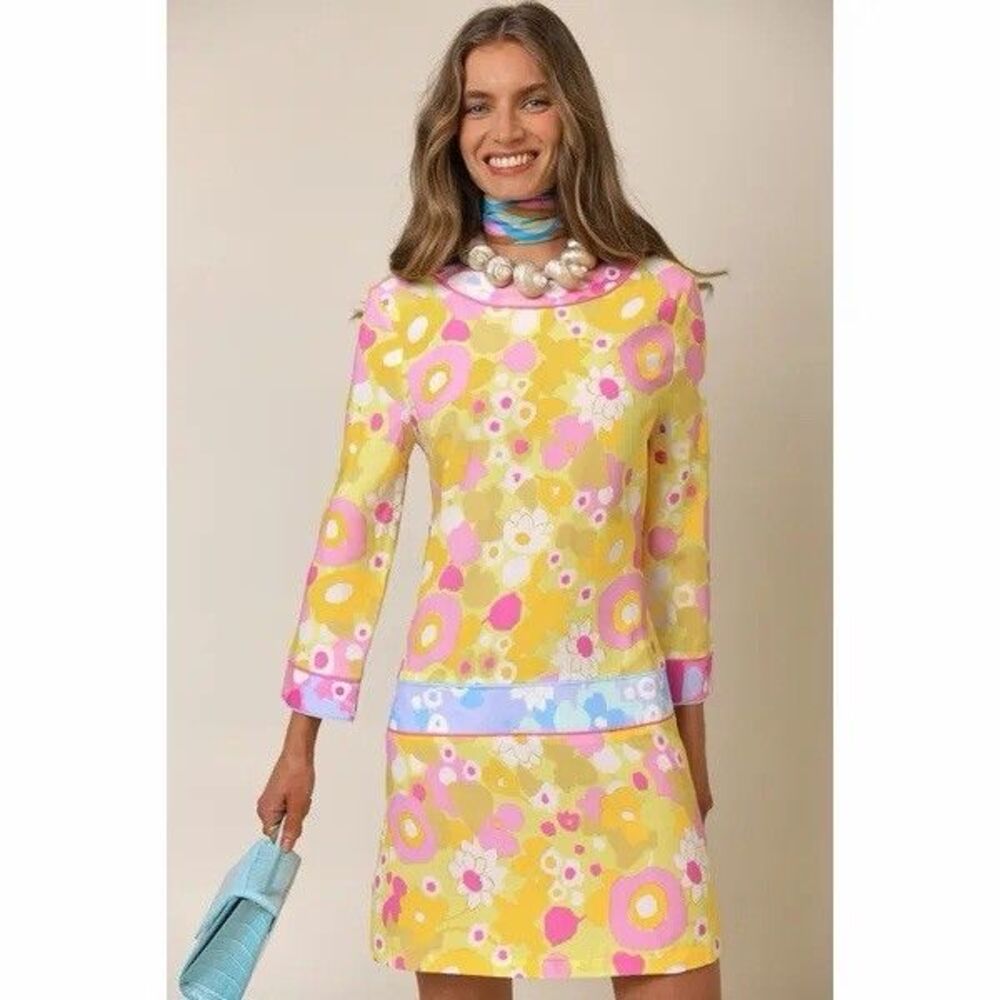 Rixo Marseille Scandi Dress Yellow Pink Floral 60s Inspired Women’s XXS
